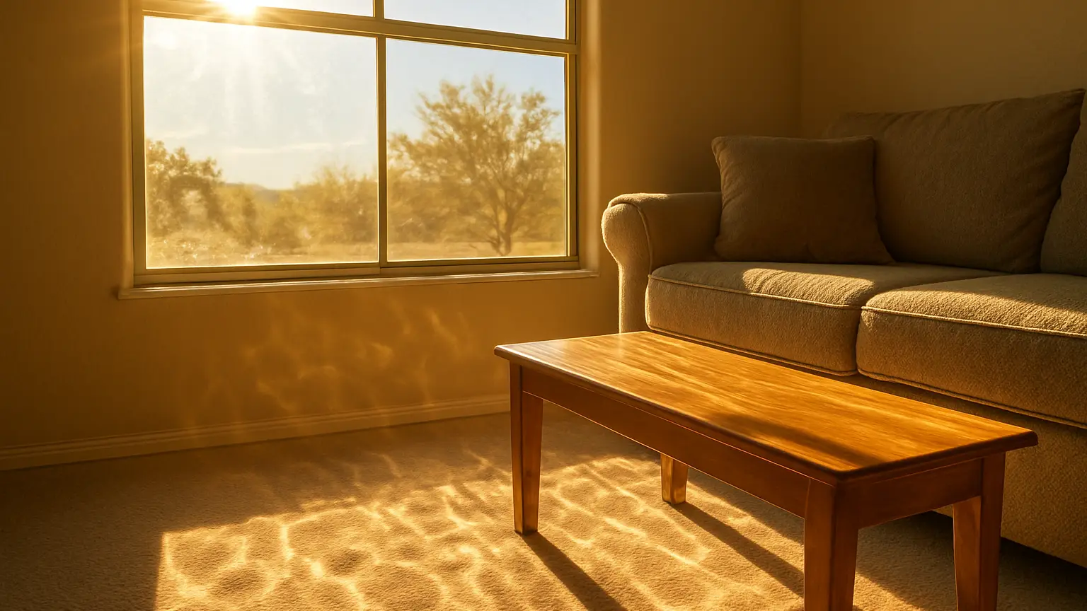 Close-up of a west-facing residential window with afternoon desert sunlight streaming through at a low angle, showing heat distortion and glare on interior surfaces like furniture and flooring.