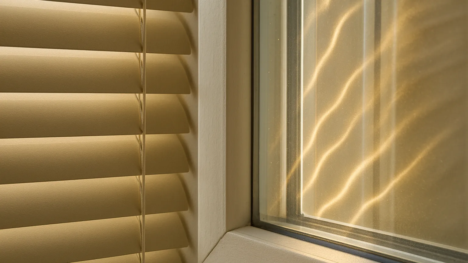 Close-up cross-section view of a window with closed blinds showing the narrow air gap between slats and glass pane, sunlight streaming through creating visible heat patterns.