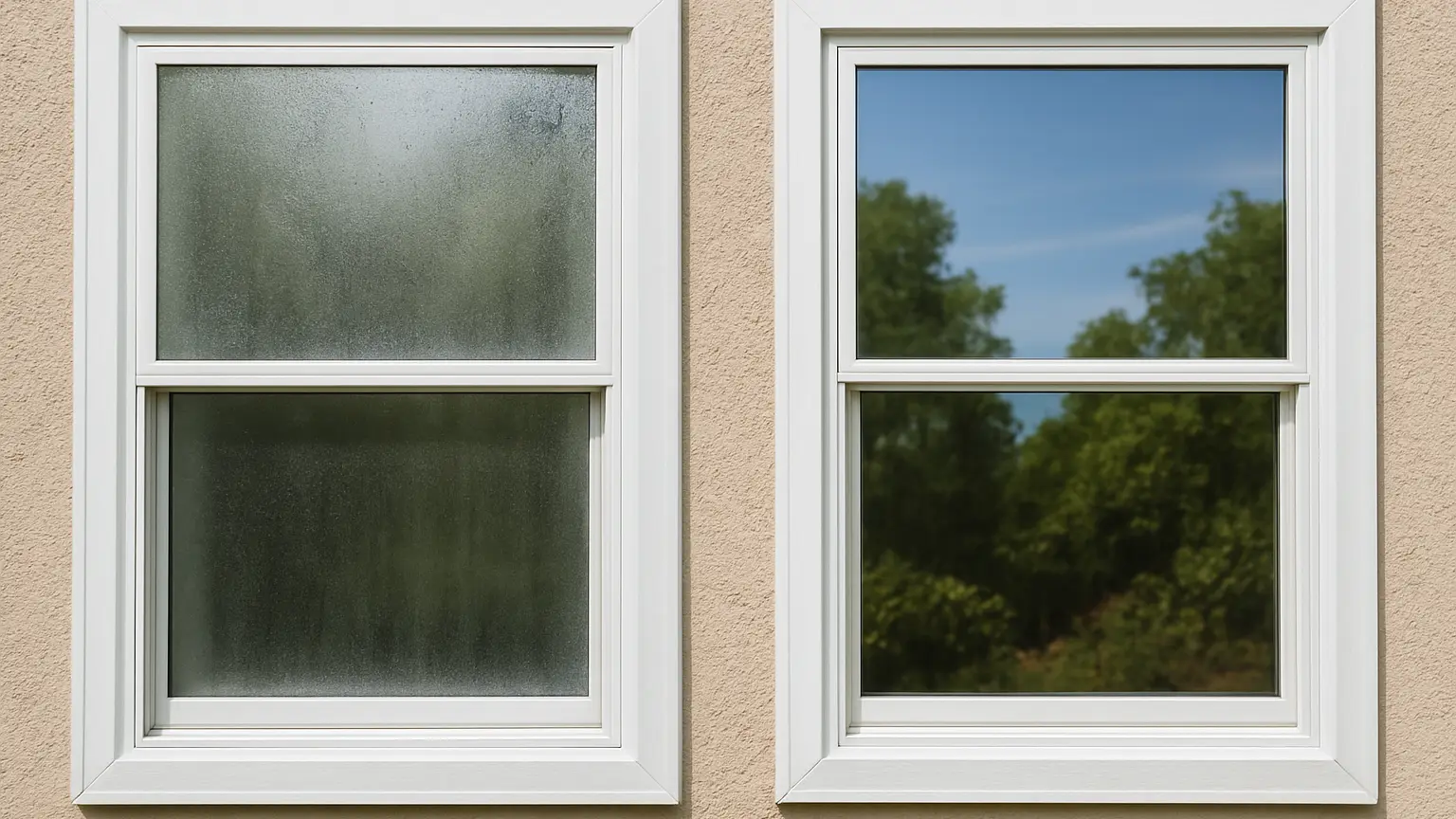 A side-by-side comparison of two residential window frames: one with visible condensation and fogging between dual panes, the other with clear glass, both installed in an exterior wall during daytime.