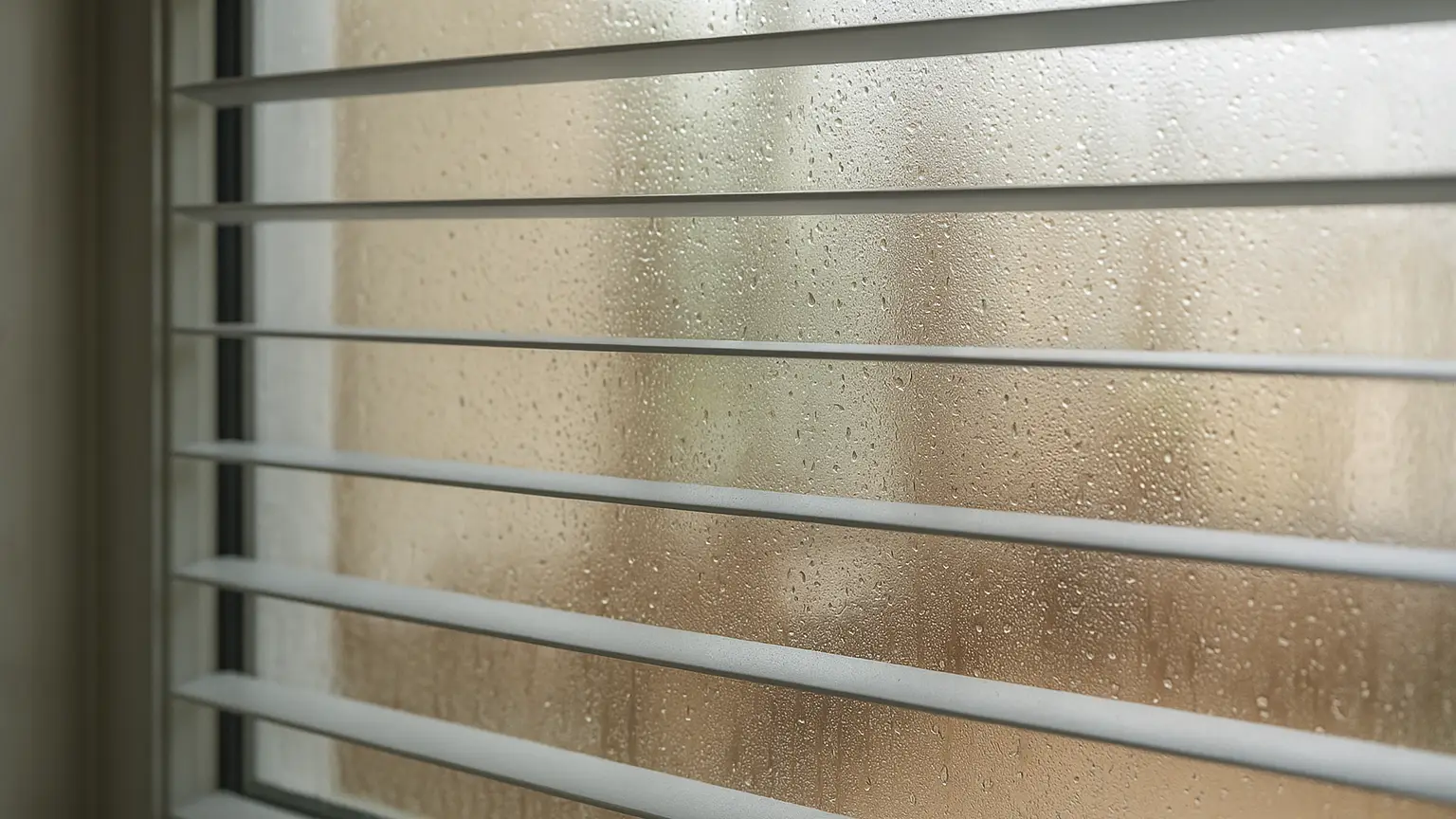 Close-up of window glass with condensation droplets on the interior surface behind partially closed horizontal louvers, showing fogged pane against blurred room interior.