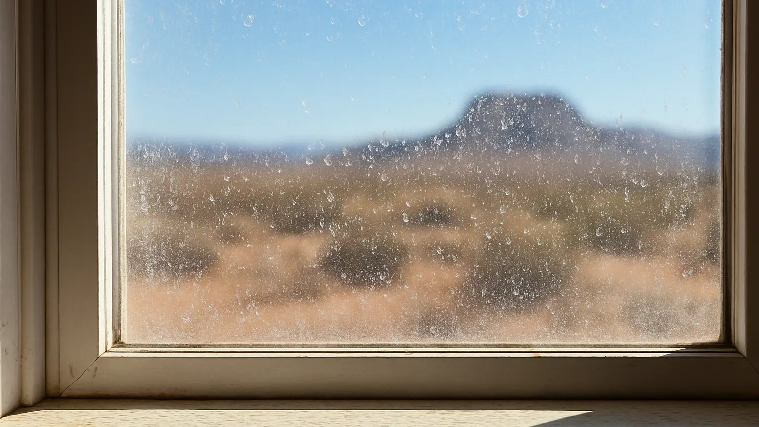 A close-up of a residential window pane showing visible hard-water mineral deposits and dust buildup against desert landscape background, demonstrating the cloudiness problem Mesa homeowners face.