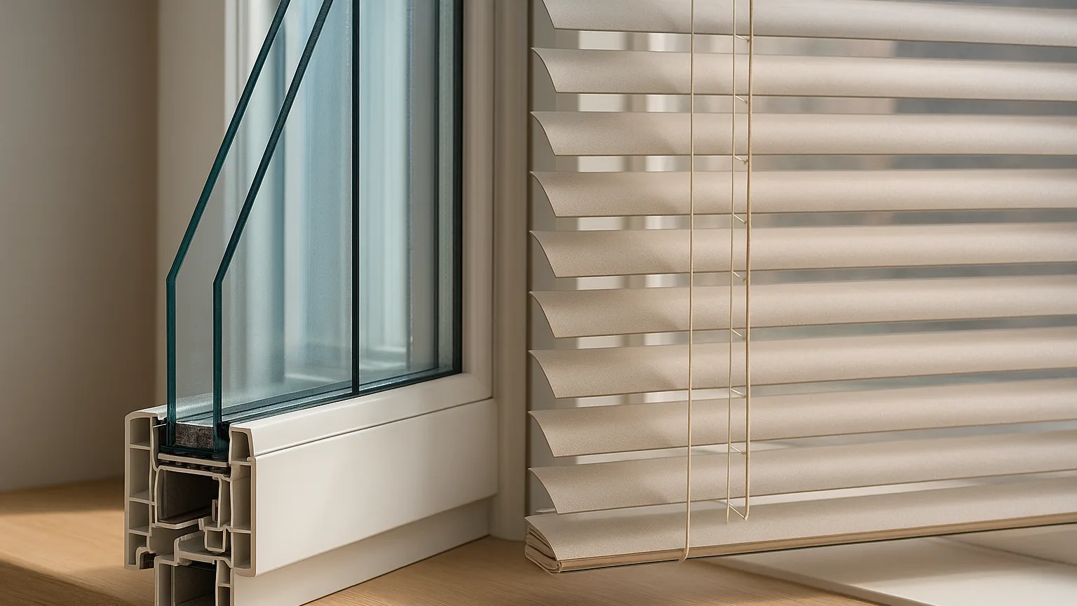 Cross-section view of a window assembly showing exterior glass panes with low-E coating alongside interior window blinds with closed slats, demonstrating their separate positions and distinct roles in heat and light control.