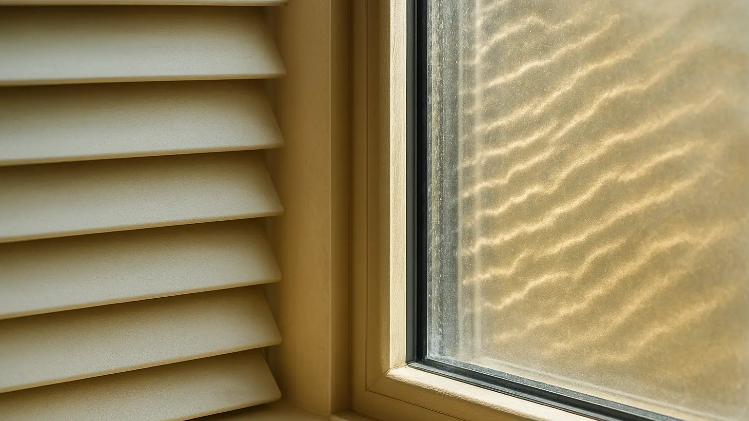 Close-up cross-section view of a window with closed blinds showing the narrow air gap between slats and glass pane, with sunlight creating visible heat patterns on the glass surface.